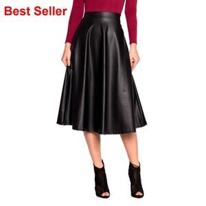 Faux Leather Flare Skirt A-Line Below Knee Pull On Stretchy